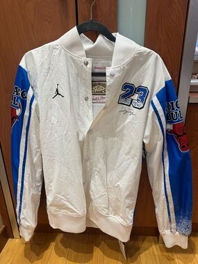 Jordan x Mitchell & Ness 1988 Chicago Bulls #23 White & Royal Blue Satin Jacket
